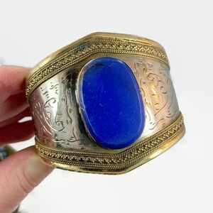 Vintage Lapis Bracelet: Afghan Middle Eastern Silver Brass Mixed Metal Boho #2